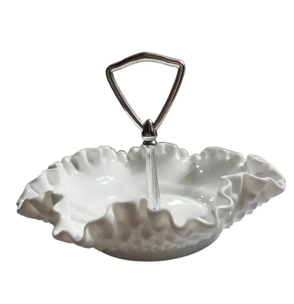 VTG Fenton Milk Glass Hobnail Ruffle Edge Candy Dish  Handle Vintage Candy Dish